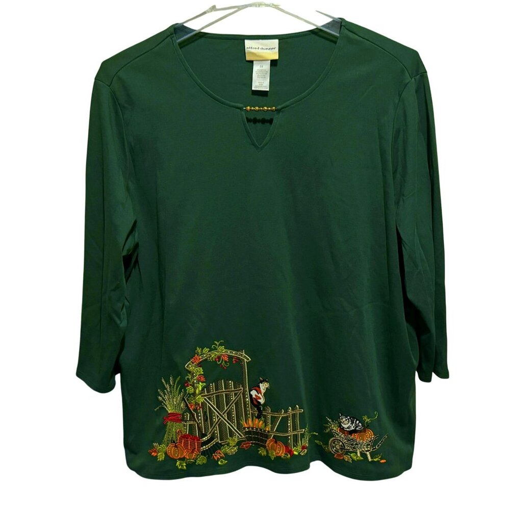 Alfred Dunner 2X Garden Gate Border Top Embroidered Pumpkins Fall CatsNEW